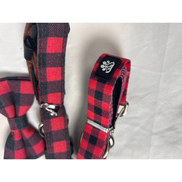 FURRYFECTION 3-Pc Dog Collar Leash Bow Tie Set Red Buffalo Plaid Checkered - Picture 2 of 5